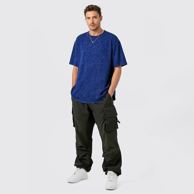 Washed distressed short-sleeved retro batik cotton loose round neck t-shirt for men