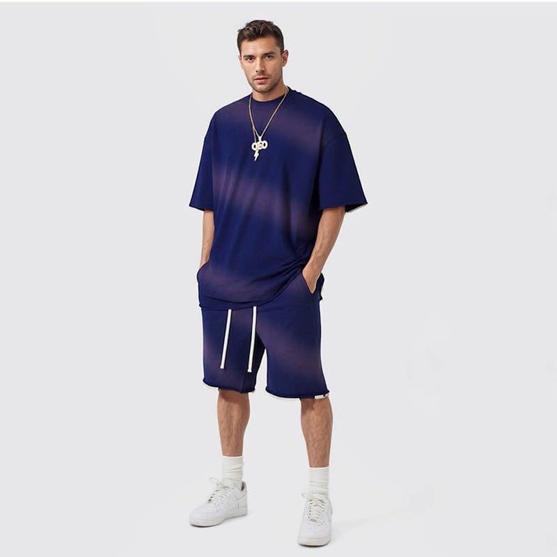 Men's spring and summer washed gradient horse destroyed frayed edge round neck short-sleeved trendy T-shirt