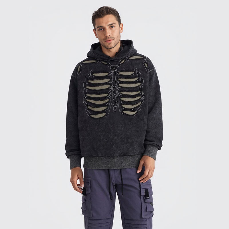 Men's Skull Hole Design Hip-Hop Hooded Sweatshirt Men's Acid Wash Couple Jacket Hooded Men's Clothing