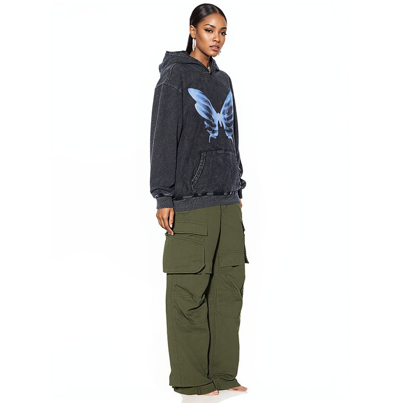 Retro heavy butterfly print hooded sweatshirt for men hip hop street jacket for women