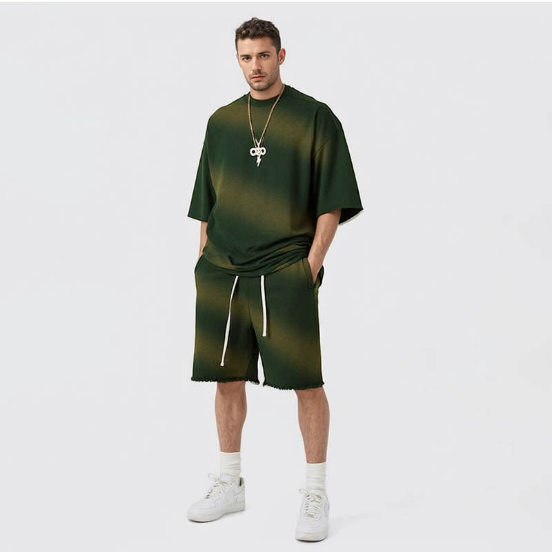 Men's spring and summer washed gradient horse destroyed frayed edge round neck short-sleeved trendy T-shirt