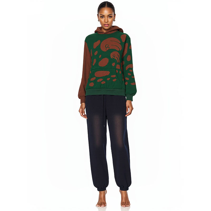 Wave double layer hollow patchwork patch plus velvet hooded sweatshirt for men and women