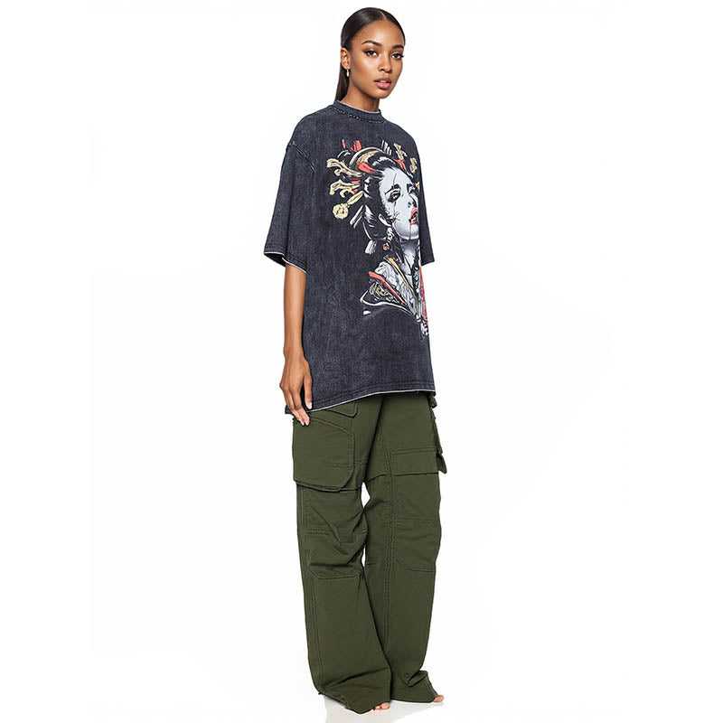 Spoof Ukiyo-e print old short-sleeved T-shirt for men and women hip-hop retro half-sleeved rest sports short-sleeved T-shirt for men and women the same
