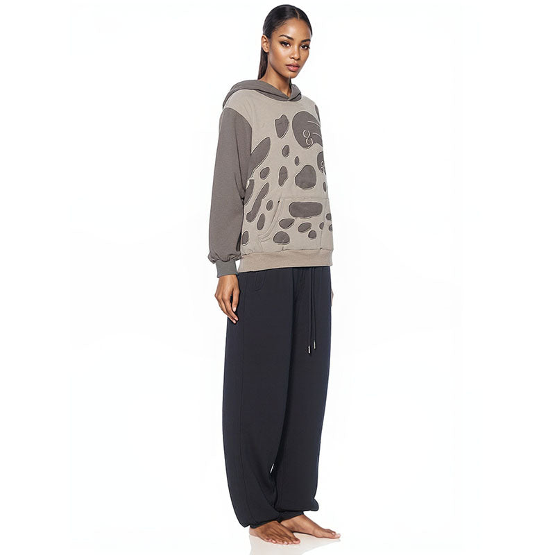 Wave double layer hollow patchwork patch plus velvet hooded sweatshirt for men and women
