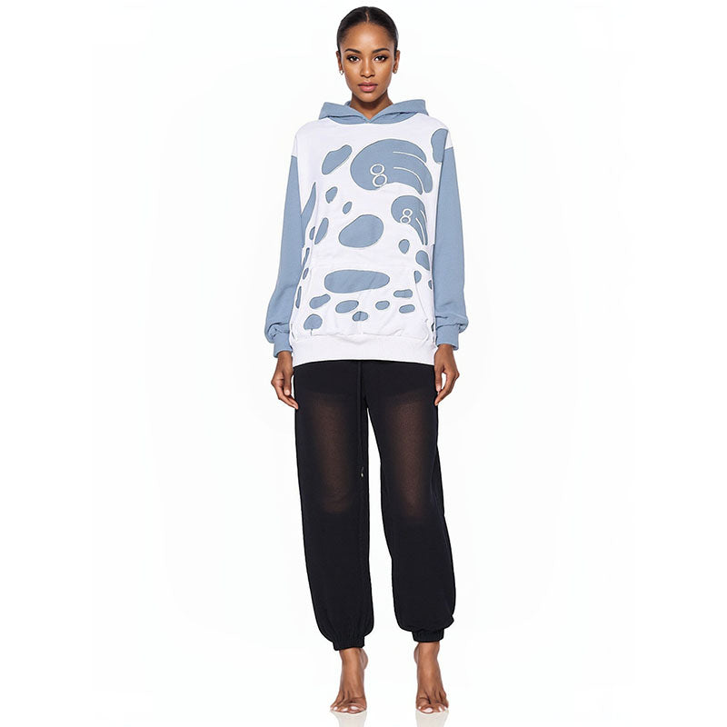 Wave double layer hollow patchwork patch plus velvet hooded sweatshirt for men and women