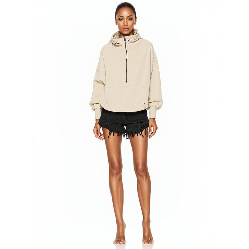 Half Zip Cropped Sweatshirts Hooded Pullover Fall Long Sleeve Zipper Hoodies Drawstring Tops for Women