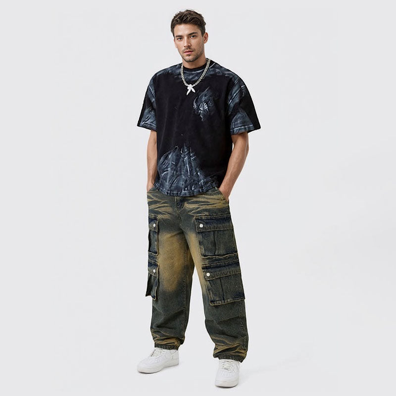 Straight tie-dyed multi-pocket cargo jeans