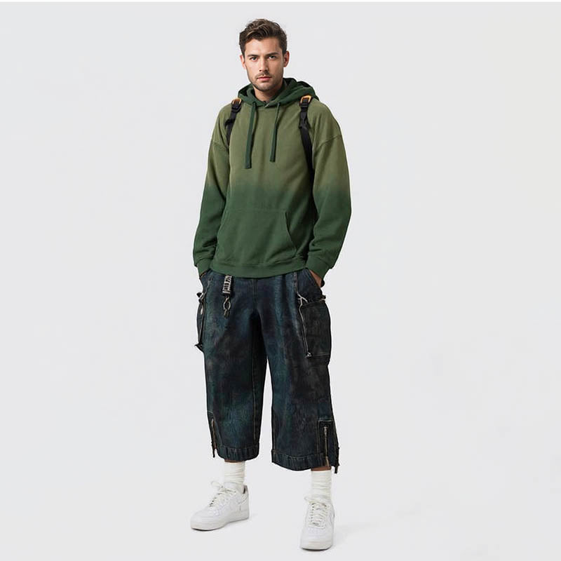 Men's acid washed retro hoodie loose gradient hooded sweatshirt fashionable cotton pullover casual top street couple wear