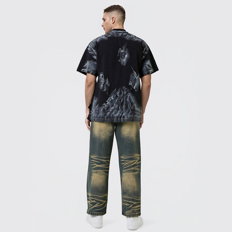 Straight tie-dyed multi-pocket cargo jeans