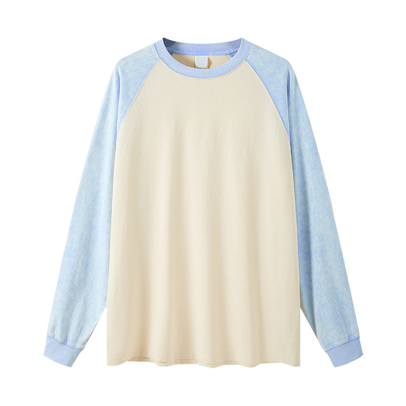 Men's casual pure cotton long-sleeved T-shirt two-color color matching loose long-sleeved bottoming shirt