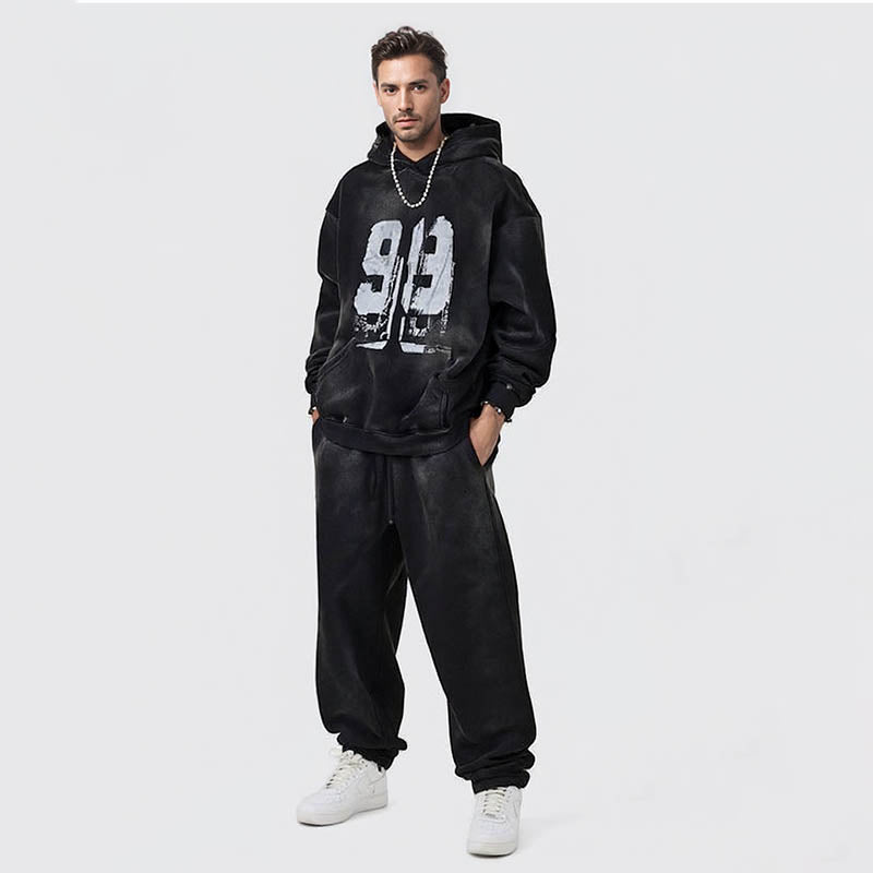 Men's Autumn and Winter Washed Retro Graffiti Paint Printed Velvet Hooded Sweatshirt Men's Top