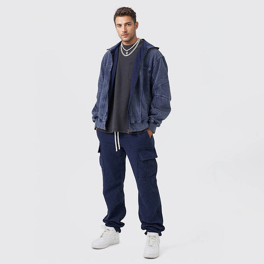 Pure cotton zipper retro sweatshirt heavy acid wash hoodie men's cardigan for men