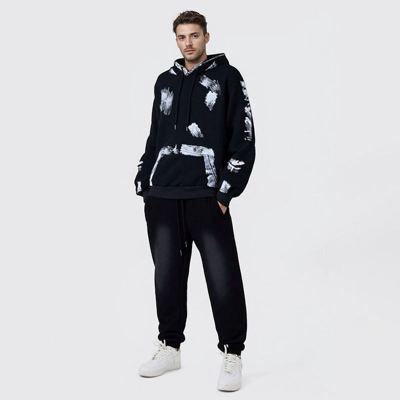 Graffiti pattern printed loose hooded sweatshirt for men and women