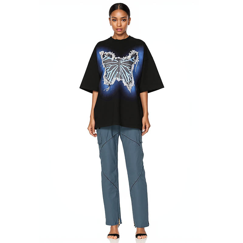 Men's fashion brand design Douyin network red butterfly denim sticker decoration couple Instagram student short sleeve T-shirt woman