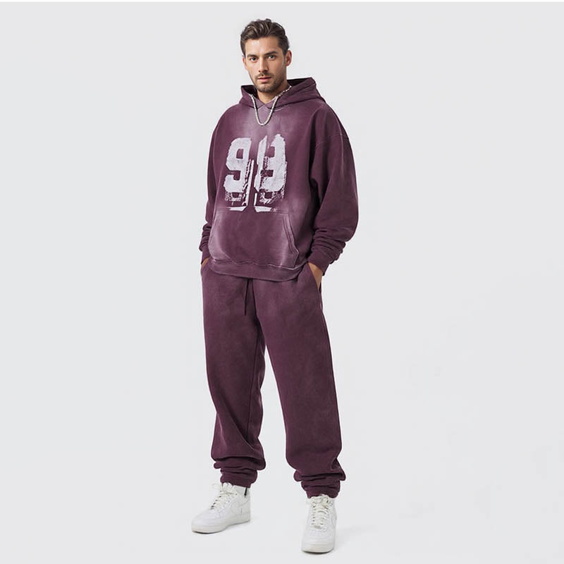 Men's Autumn and Winter Washed Retro Graffiti Paint Printed Velvet Hooded Sweatshirt Men's Top