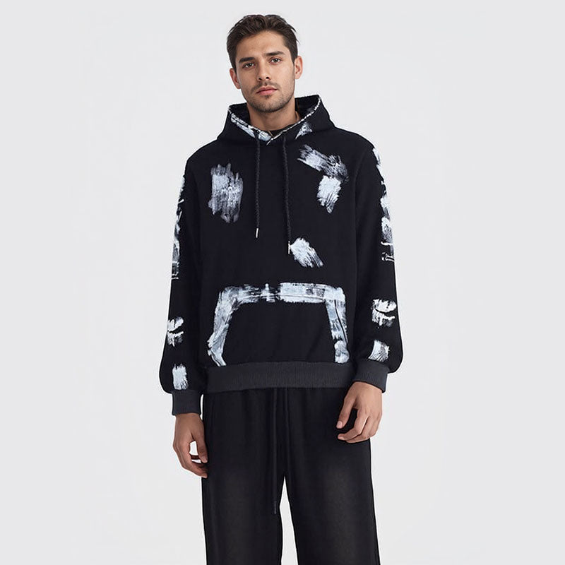 Graffiti pattern printed loose hooded sweatshirt for men and women