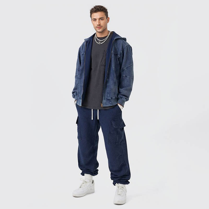 Pure cotton zipper retro sweatshirt heavy acid wash hoodie men's cardigan for men