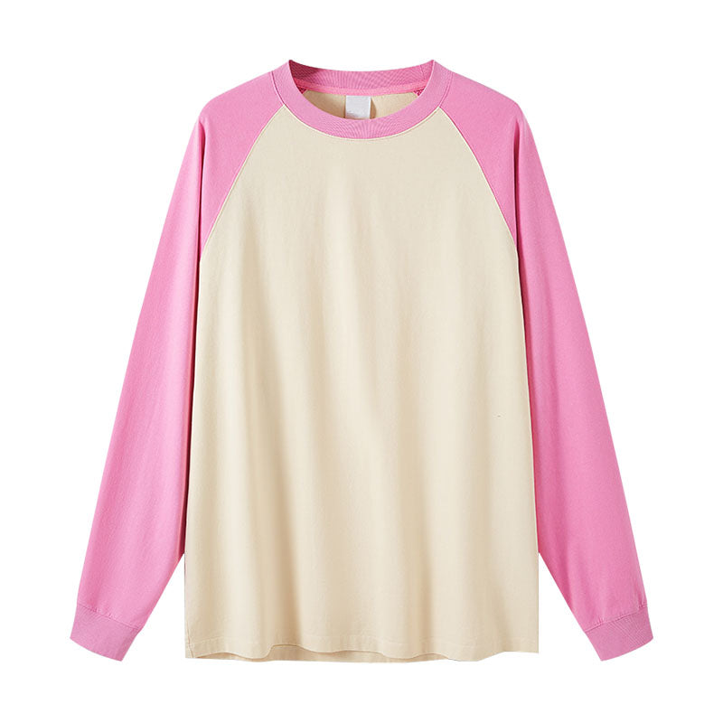 Men's casual pure cotton long-sleeved T-shirt two-color color matching loose long-sleeved bottoming shirt