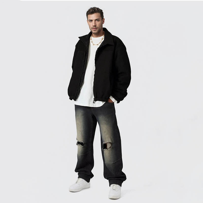 Men's Fleece Jacket Long Sleeve Full Zip Color Block Cardigan Men's Jacket Coat with Pockets