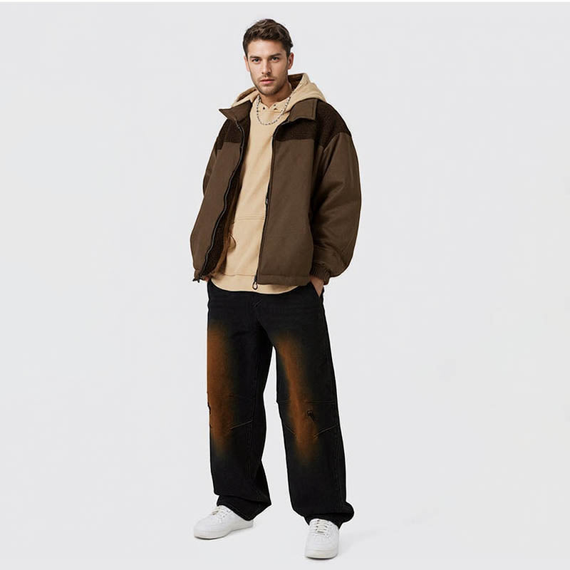 Men's Fleece Jacket Long Sleeve Full Zip Color Block Cardigan Men's Jacket Coat with Pockets