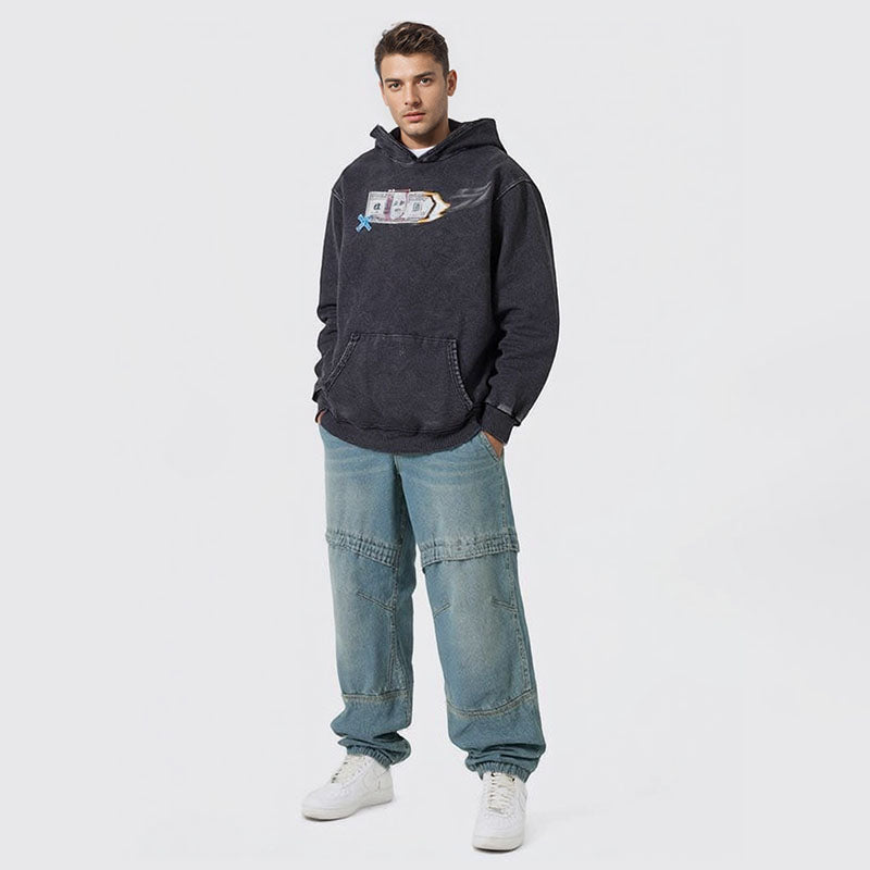High street funny print heavy hoodie retro hip hop street distressed hoodie men
