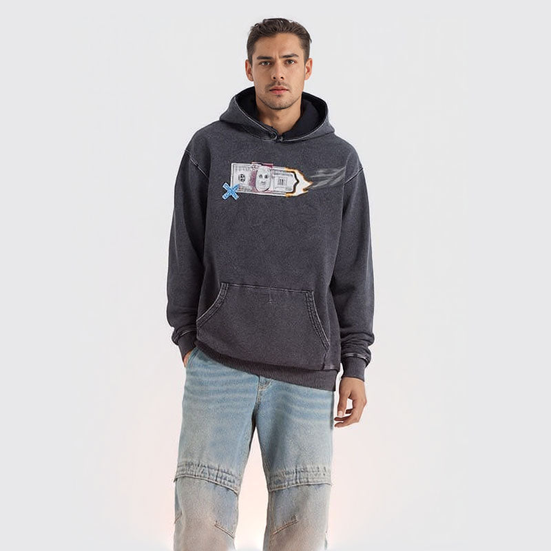High street funny print heavy hoodie retro hip hop street distressed hoodie men