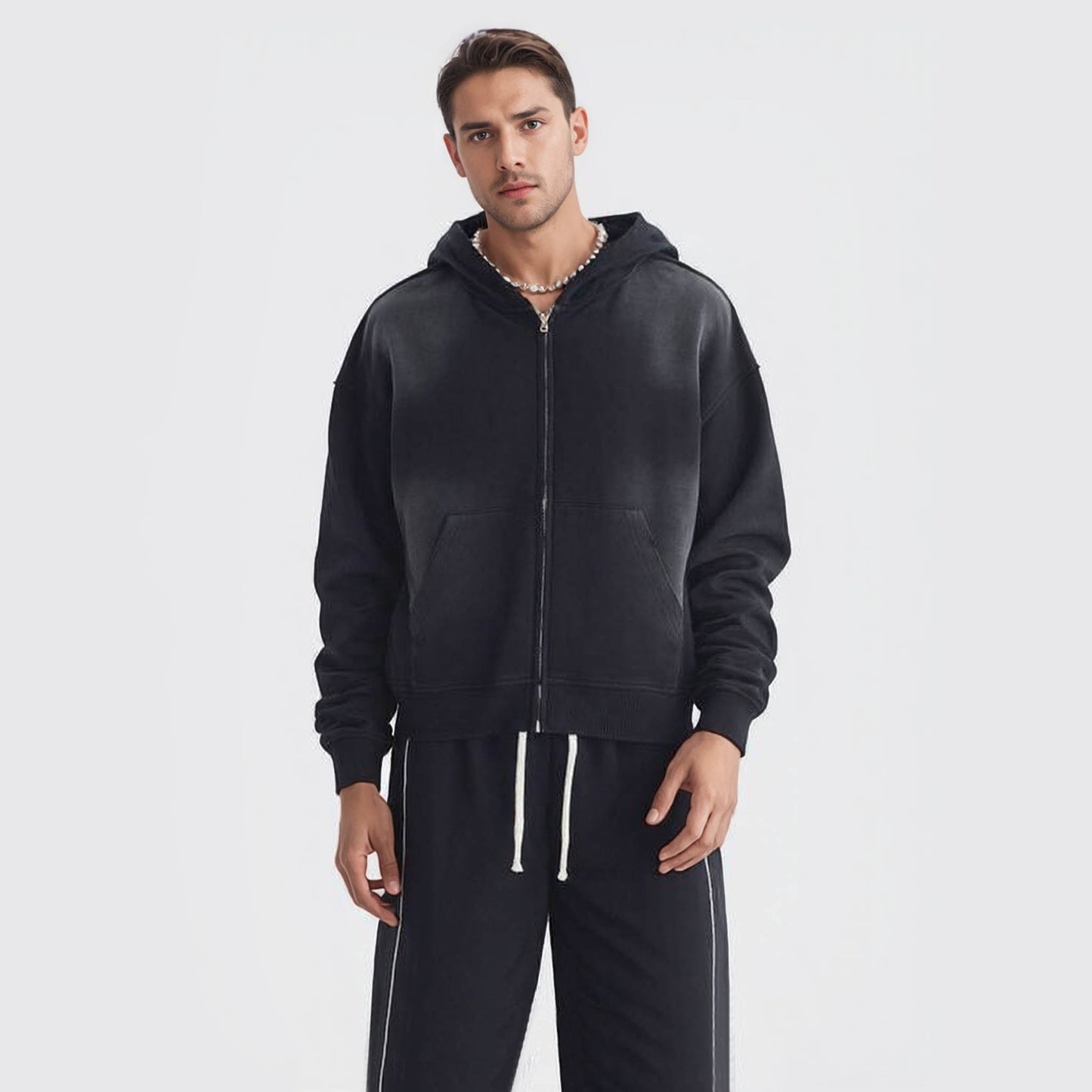 Men's loose short style spray-on zipper sweatshirt high quality heavyweight 100% cotton distressed washed sweatshirt