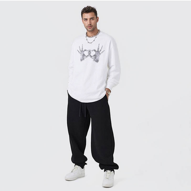 Men's Autumn Loose Campus Unisex Original Design Heart Gesture Print Long Sleeve T-Shirt for Men