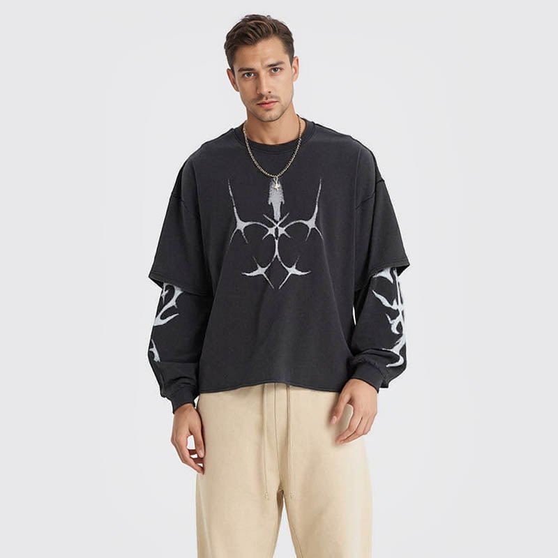 New Spring and Autumn Printed Round Neck Long Sleeve T-Shirt Men's Retro Washed Fake Two-Piece Loose Men's Long T-Shirt