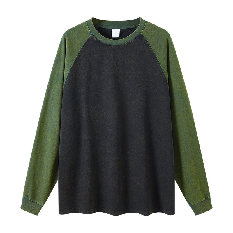 Men's casual pure cotton long-sleeved T-shirt two-color color matching loose long-sleeved bottoming shirt