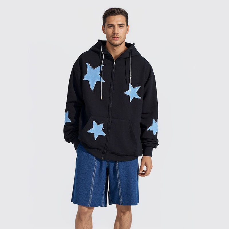 Men's cardigan sweatshirt with embroidered stars autumn and winter trend loose plus velvet thick hooded jacket