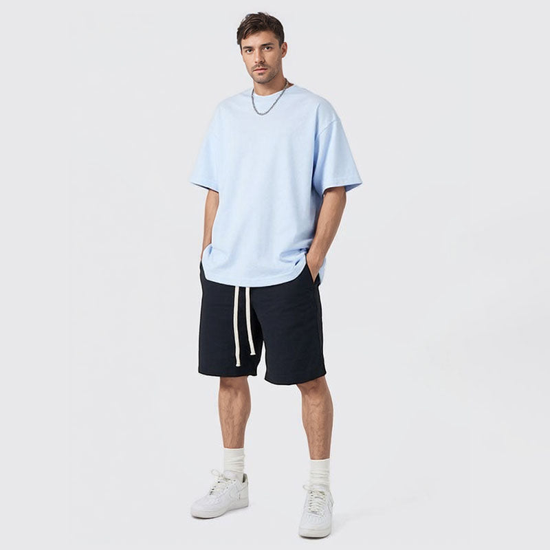 Double yarn pure cotton short-sleeved men's and women's loose casual off-shoulder T-shirt customization