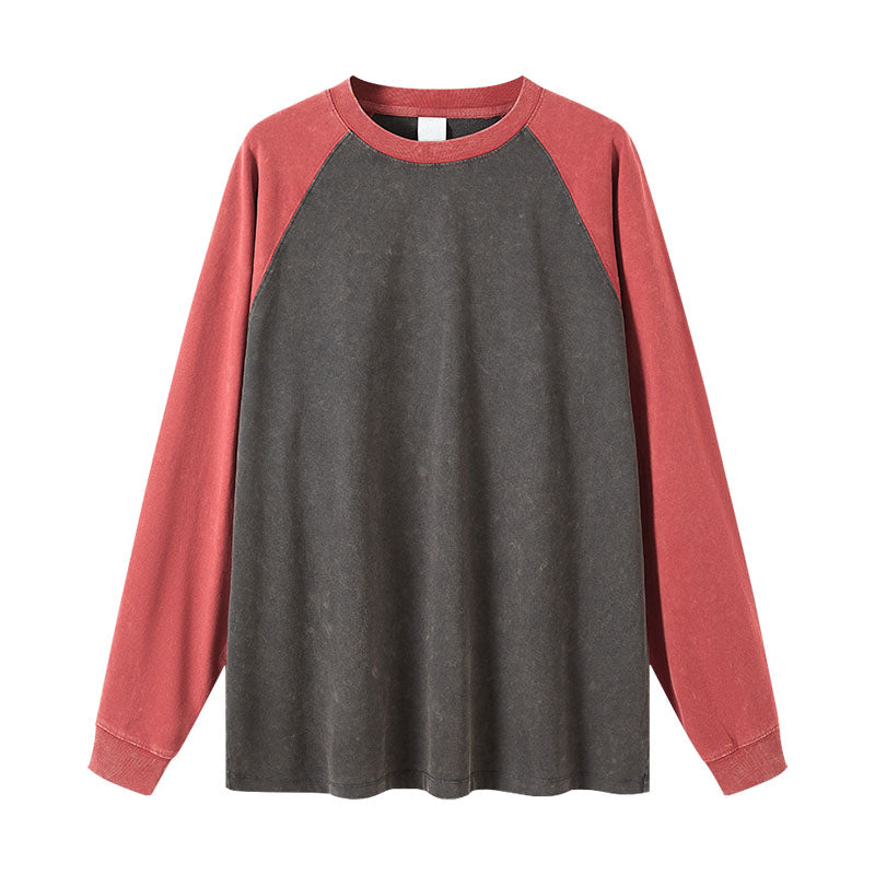 Men's casual pure cotton long-sleeved T-shirt two-color color matching loose long-sleeved bottoming shirt