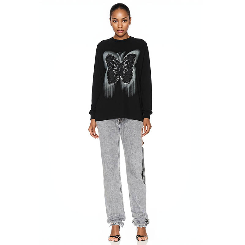 Butterfly patch tassel design long-sleeved T-shirt for men and women loose couple casual autumn bottoming shirt