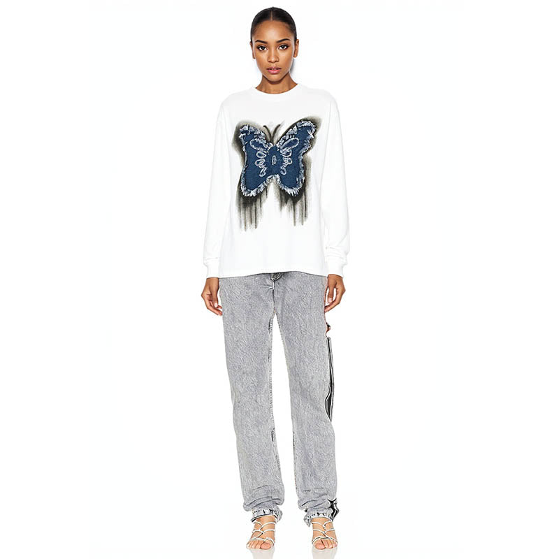 Butterfly patch tassel design long-sleeved T-shirt for men and women loose couple casual autumn bottoming shirt