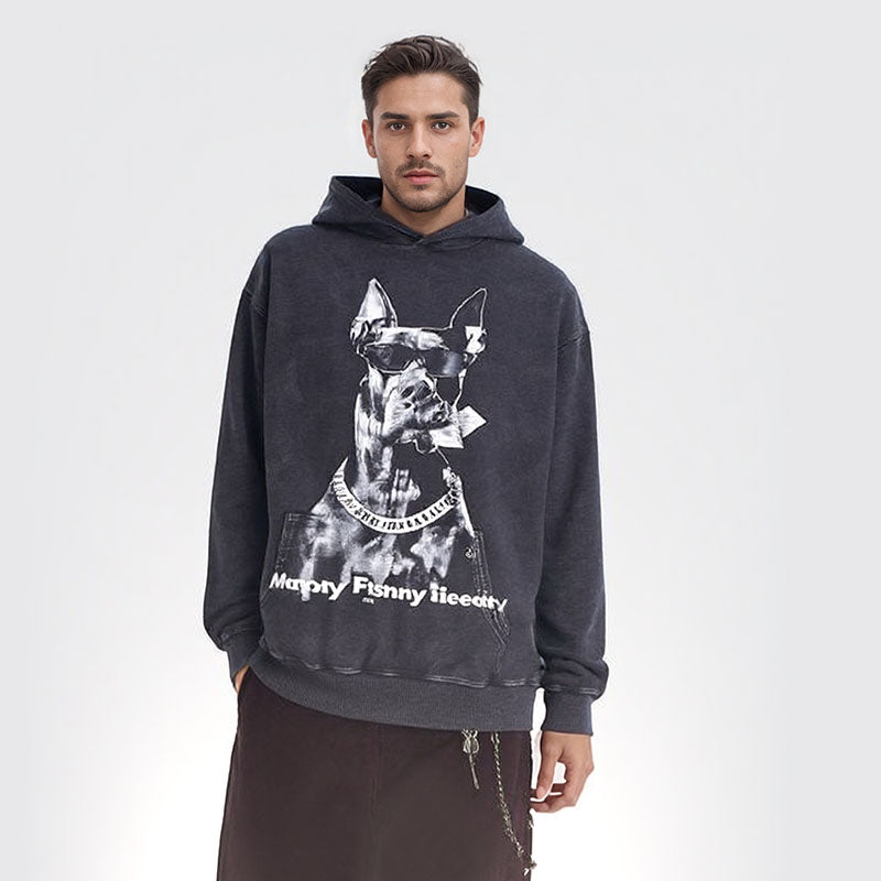 High Street Retro Sweatshirt Washed Doberman Print Hoodie Hip Hop Couple Tops Unisex