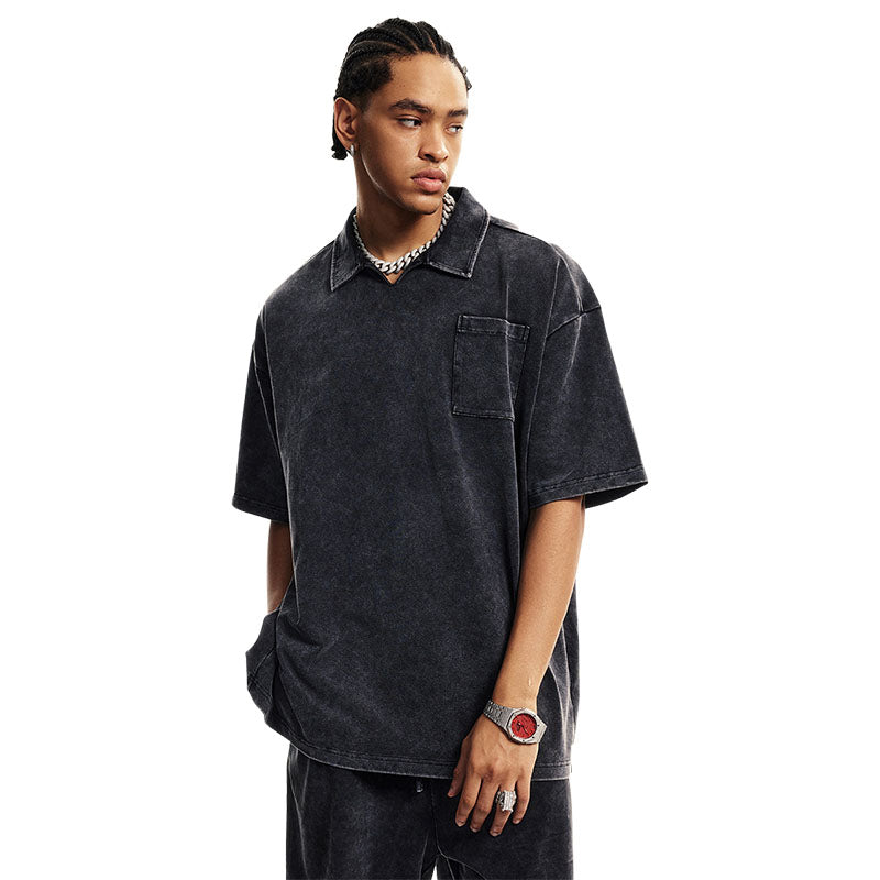Men's Spring and Summer Washed Lapel Short Shirt Men's Teenagers Loose Resort Style Cuban Collar Short Shirt T-Shirt for Men