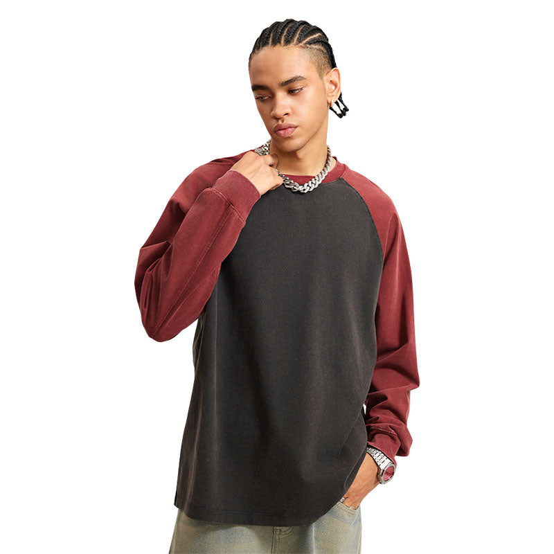 Men's casual pure cotton long-sleeved T-shirt two-color color matching loose long-sleeved bottoming shirt