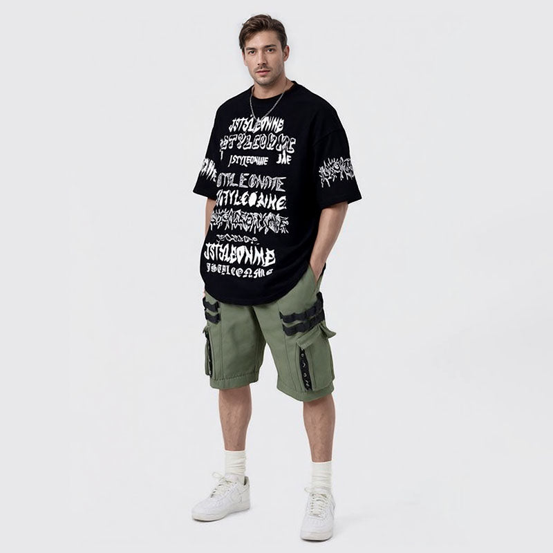 High quality oversized black men's T-shirt boat crew neck with letter print