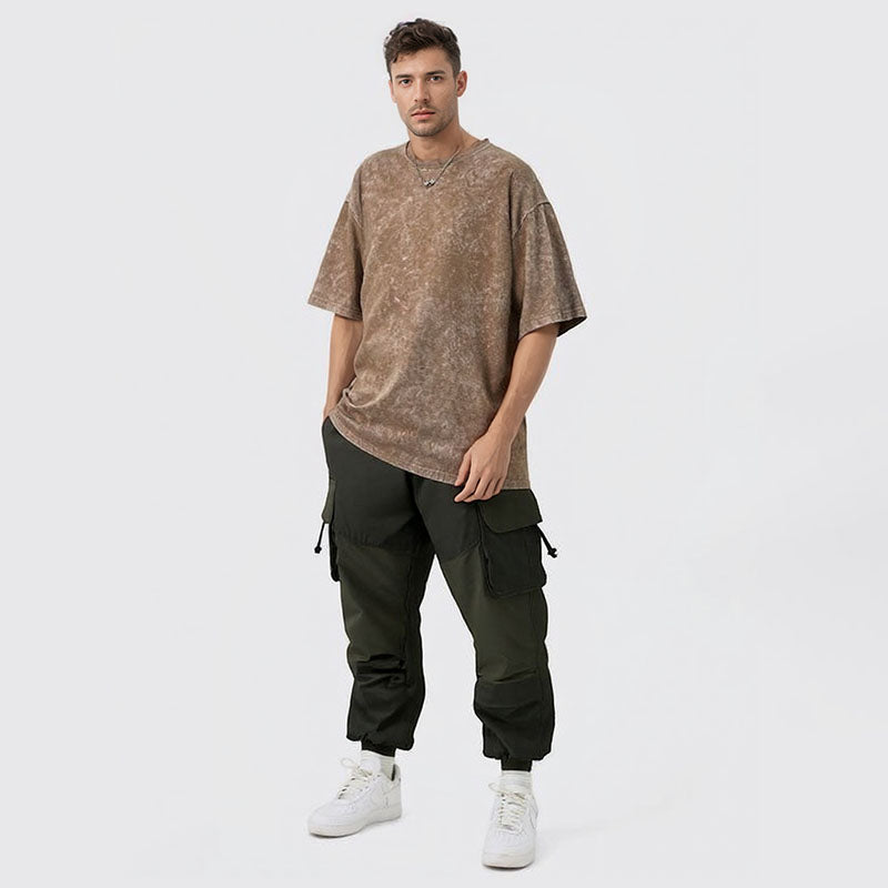 Washed distressed short-sleeved retro batik cotton loose round neck t-shirt for men