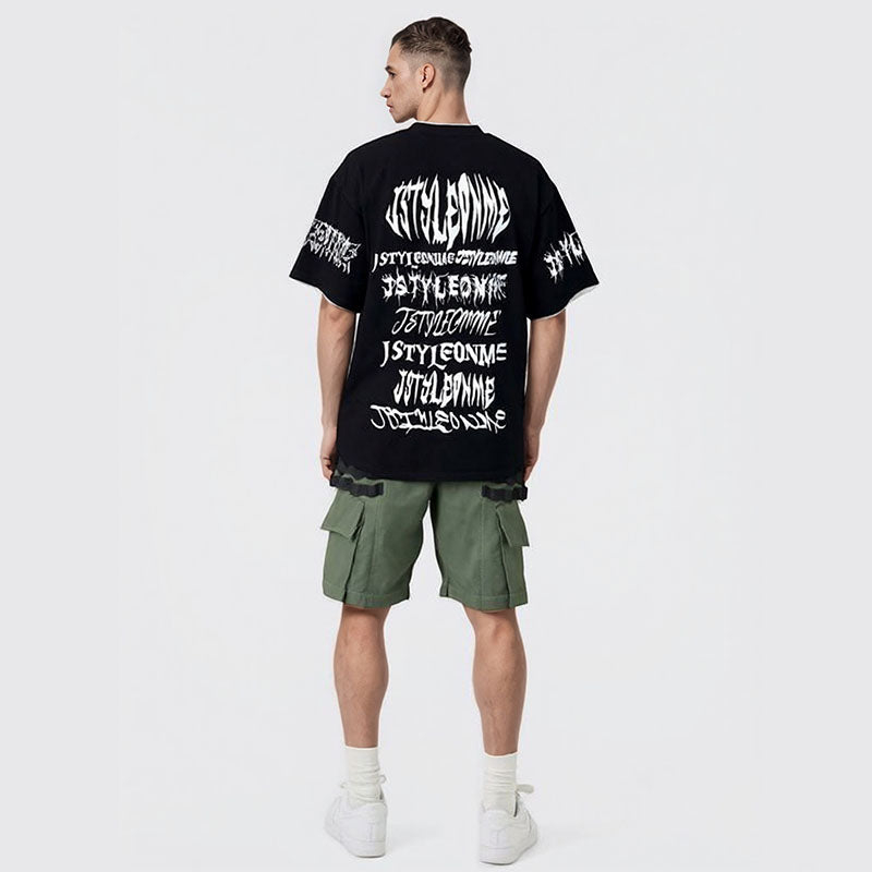 High quality oversized black men's T-shirt boat crew neck with letter print