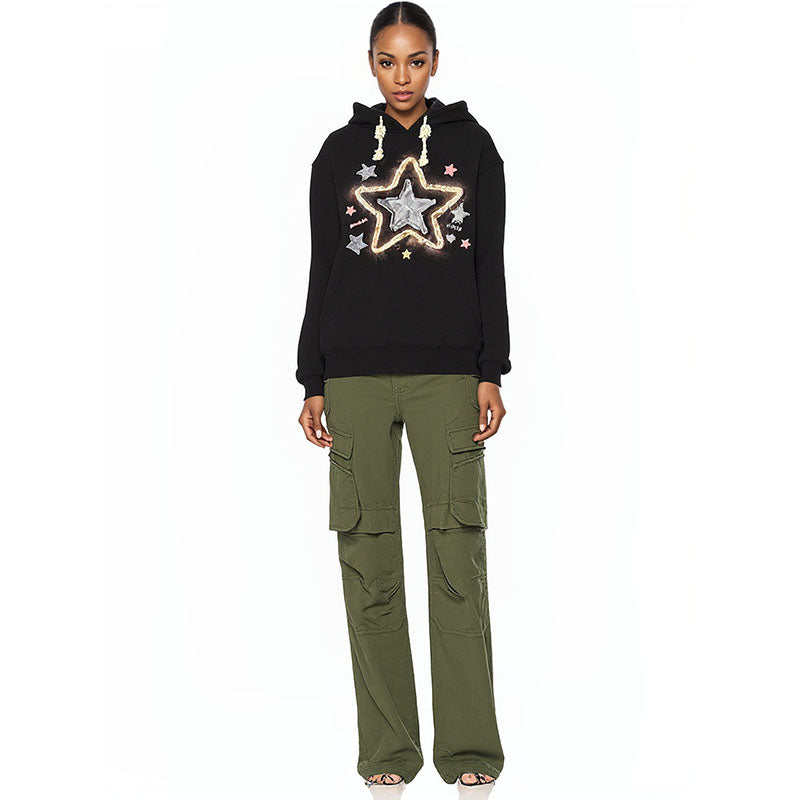 Retro star embroidered hooded sweatshirt for women thin loose and lazy design niche jacket