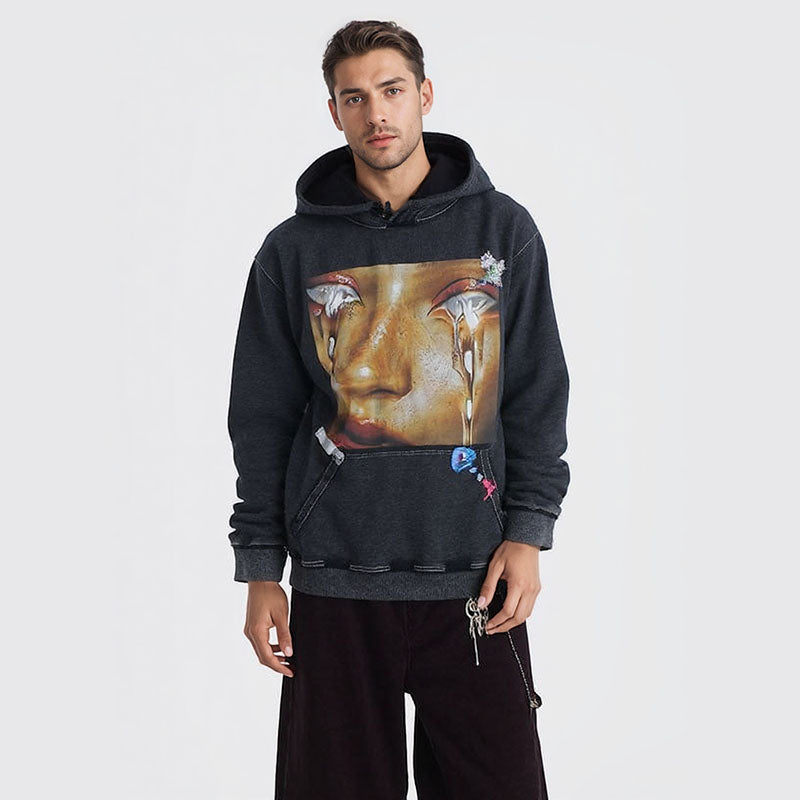 High street design niche printed hooded sweatshirt for men and women hip-hop style washed and distressed hooded sweatshirt