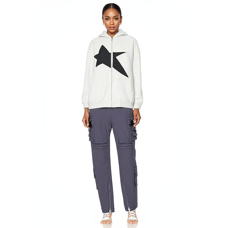 Star pattern patch decorated zipper sweatshirt for men and women in spring and autumn loose couple sports coat