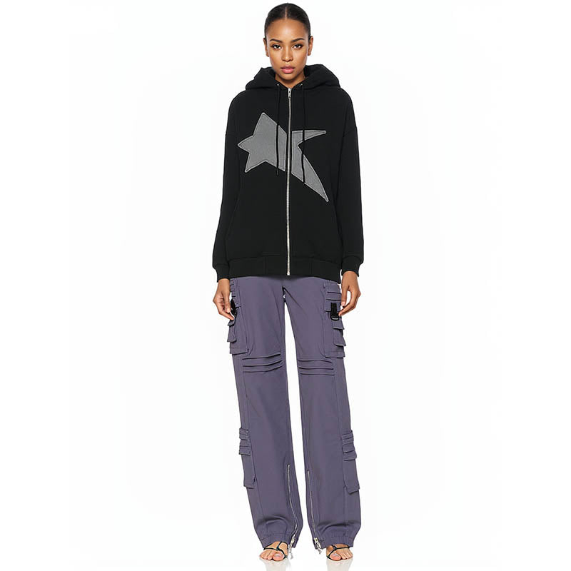 Star pattern patch decorated zipper sweatshirt for men and women in spring and autumn loose couple sports coat