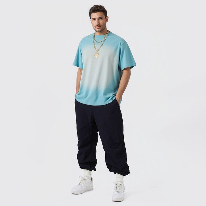 Men's and women's heavyweight pure cotton washed diffusion gradient summer loose short-sleeved T-shirt