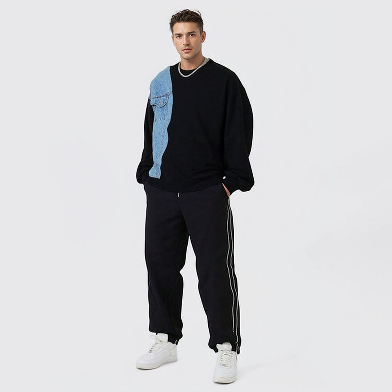 Fashion men's sweatshirt spring and autumn denim stitching loose men's and women's tops round neck long sleeves