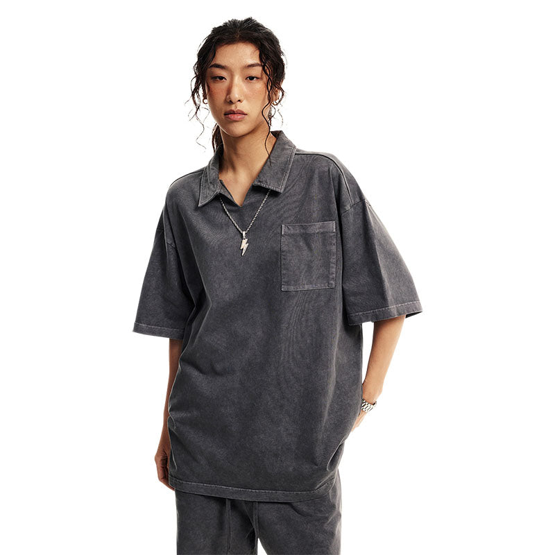 Men's Spring and Summer Washed Lapel Short Shirt Men's Teenagers Loose Resort Style Cuban Collar Short Shirt T-Shirt for Men