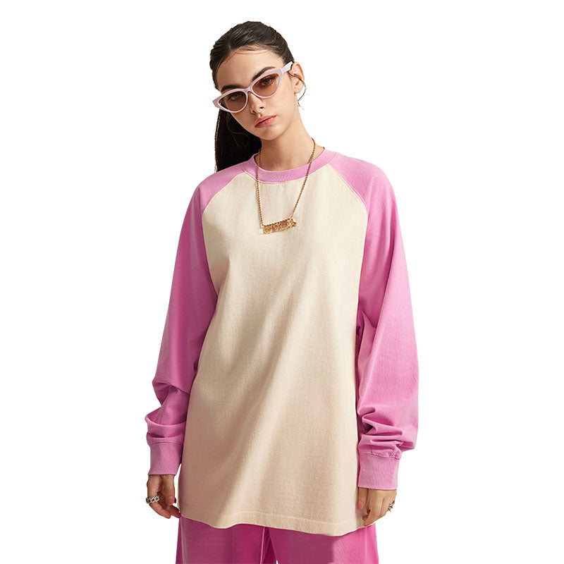 Men's casual pure cotton long-sleeved T-shirt two-color color matching loose long-sleeved bottoming shirt