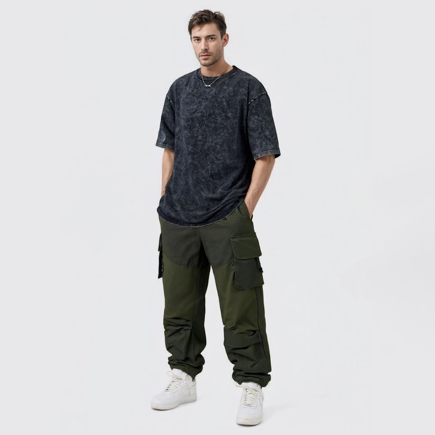 Washed distressed short-sleeved retro batik cotton loose round neck t-shirt for men
